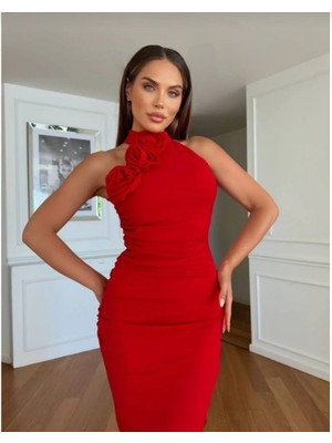 Organza Butik Kadın Çiçek Detaylı Balık Elbise