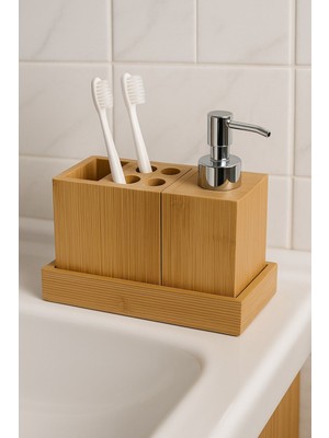 Feyza Design Doğal Bambu 3’lü Banyo Seti: Sabunluk, Diş Fırçalık ve Organizer