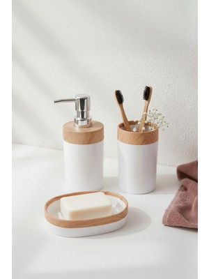 Feyza Design Ahşap Görünüm 3'lü Banyo Seti: Sabunluk, Sıvı Sabunluk, Diş Fırçalık