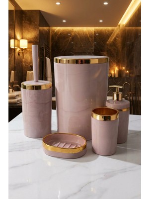 Feyza Design 5 Parça Akrilik Banyo Seti, Şık ve Kaliteli, Altın Renk Detaylı, Somon Mermer