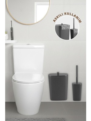 Feyza Design Antrasit Renkli Safir Yapışkanlı Wc Fırçalık ve Çöp Kovası Seti