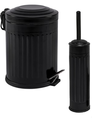 Feyza Design 2'li Banyo Seti, 5 Lt Vintage Serisi, Amortisör Kapaklı Siyah Çöp Kovası