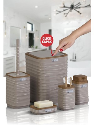 Feyza Design Vizon Ahşap Desenli Kare Banyo Seti, Şık ve Fonksiyonel 5'li Paket