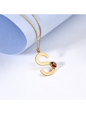 Nox Jewelry 14 Ayar Altın Kaplama Uğur Böcekli Harf Gümüş Kolye - Kişiye Özel Kolye - CNE00133