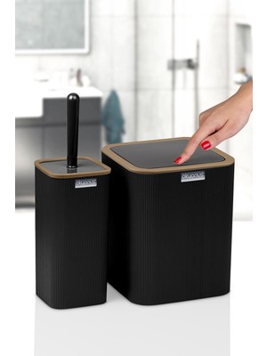 Feyza Design Siyah Çizgili Kare Wc Kova ve Fırça Seti, Pratik ve Şık Tasarım