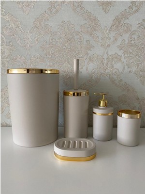 Feyza Design 5 Parça Gold Mat Banyo Seti: Wc Fırçalık, Sabunluk, Çöp Kovası, Diş Fırçalık