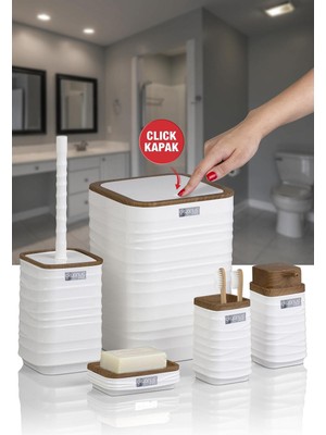Feyza Design Beyaz Ahşap Desenli Kare 5'li Banyo Seti, Şık ve Kullanışlı Tasarım