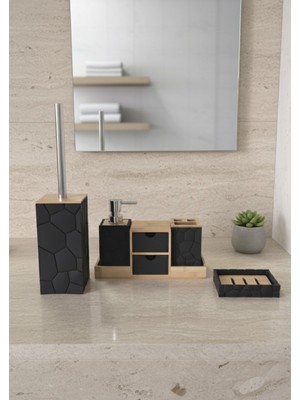 Feyza Design Akrilik Bambu Banyo Seti, 5 Parça Çekmeceli Standlı Tasarım