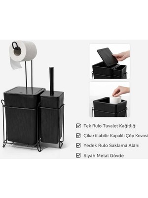 Feyza Design Modern Banyo Seti, Kapaklı Çöp Kovası, Tuvalet Kağıtlığı ve Wc Fırçası