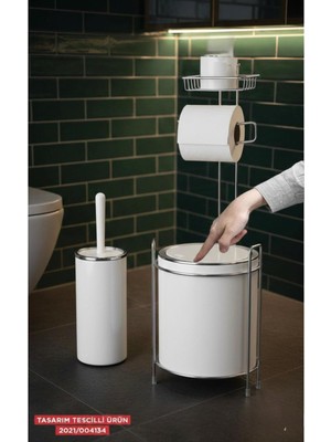 Feyza Design Şık Yuvarlak Krom Çöp Kovası ve Wc Fırçalık Seti, Modern Tasarım