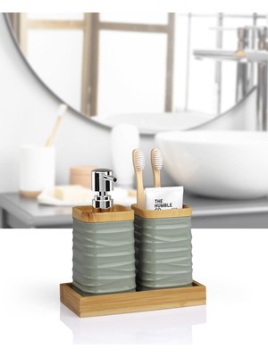 Feyza Design Yeşil Bambulu Sıvı Sabunluk ve Diş Fırçalık Seti, Şıklık ve Doğallık