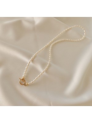 Taşmir 40 cm Sertifikalı Gerçek Arpa Kesim Orijinal Inci Kolye / Altın Kaplama T Kilit