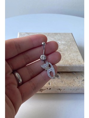 Jaida Moda Kadın Gümüş Zirkon Kedi Figürlü Çelik Göbek Piercing
