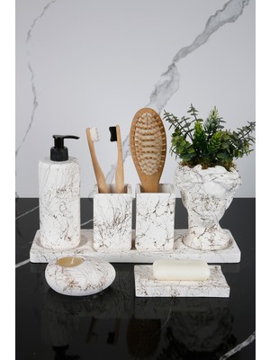 Feyza Design 7 Parça Beton Banyo Seti, Çiçekli Saksı, Sabunluk, Diş Fırçalık, Mumluk