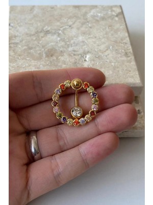 Jaida Moda Kadın Gold Halka Renkli Zirkon Taşlı Çelik Göbek Piercing
