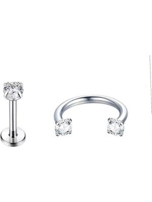Jaida Moda Unisex Gümüş Zirkon Taşlı 2'li Labret ve Body Çelik Piercing