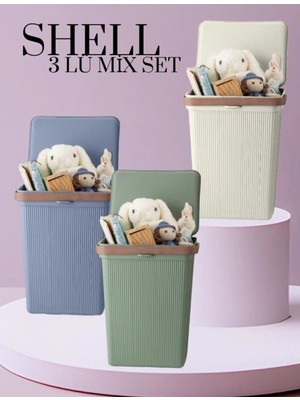 Feyza Design 3 Adet Renkli Shell Kulplu 10 Lt Saklama Sepeti Kapaklı Hobi Organizer