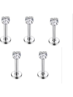 Jaida Moda Unisex Gümüş Zirkon Taşlı 5’li Set Tragus Helix Labret Çelik Piercing