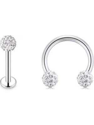 Jaida Moda Unisex Gümüş Kristal Taşlı 2'li Set Labret ve Body Çelik Piercing