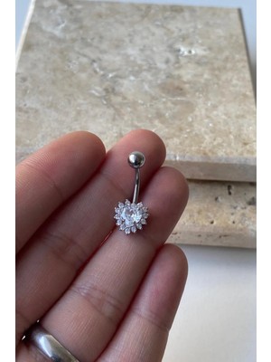 Jaida Moda Kadın Gri Zirkon Taşlı Kalp Figürlü Çelik Göbek Piercing