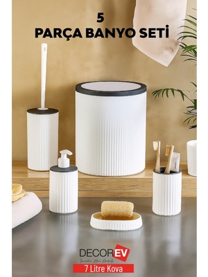 Feyza Design Şık 5 Parça Modern Banyo Aksesuar Seti, 7 Litre Kovalı, Beyaz-Antrasit