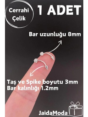 Jaida Moda Gri Spike ve Kristal Taşlı Kaş, Rook, Conch, Daith Çelik Piercing