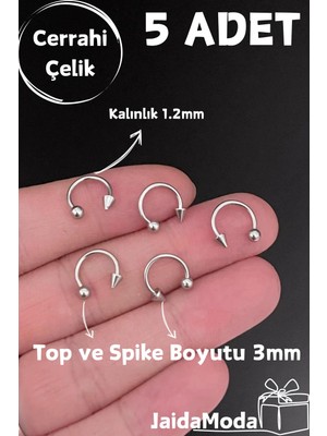 Jaida Moda Cerrahi Çelik Top ve Spike Uçlu 5'li Set Septum Piercing