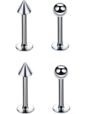 Jaida Moda 316L Cerrahi Çelik Gümüş Renk Sivri Uçlu ve Top Model 4'lü Set Labret Piercing