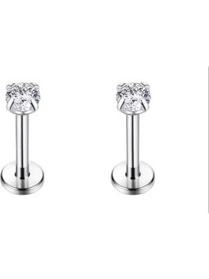 Jaida Moda Unisex Gümüş Zirkon Taşlı 2'li Set Tragus Helix Labret Çelik Piercing