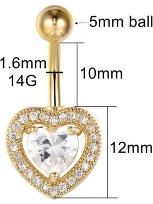 Jaida Moda Kadın Gold Kalp Zirkon Taşlı Çelik Göbek Piercing 10 mm Dayanıklı ve Parlak