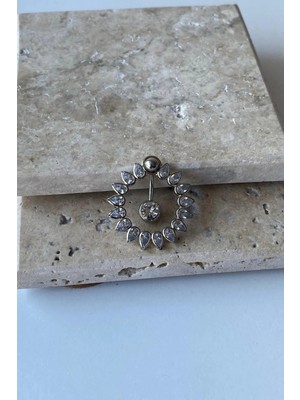 Jaida Moda Kadın Gümüş Damla Taşlı Çelik Göbek Piercing