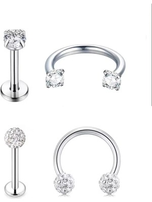 Jaida Moda Unisex Gümüş Taşlı 4'lü Set Tragus Helix Kıkırdak Çelik Piercing