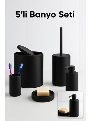 Feyza Design Şık Siyah 5’li Banyo Seti: Çöp Kovası, Tuvalet Fırçası, Sabunluk ve Aksesuarlar