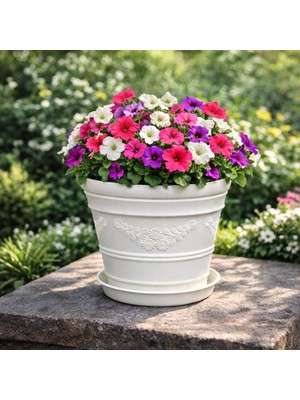 Melkan Home Antik Papatya Desenli Saksı 3 Litre Beyaz Küçük Boy Modern Saksı