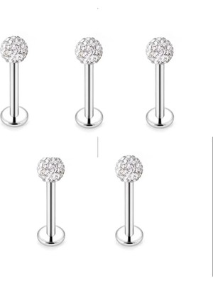 Jaida Moda Unisex Gümüş Kristal Taşlı 5’li Set Tragus Helix Labret Çelik Piercing
