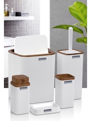 Feyza Design Beyaz Ahşap Desenli Çizgili 5'li Banyo Seti, Şık ve Kullanışlı Tasarım