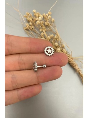 Jaida Moda Unisex Gümüş Cerrahi Çelik Çark Yıldız Figürlü Tragus Helix Piercing