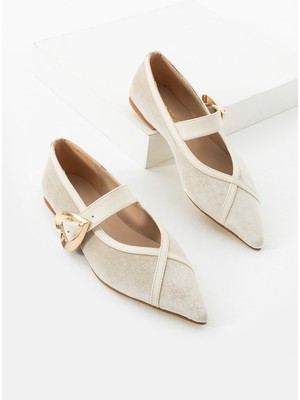 Kadın Bej Kadife Babet Sivri Burun Tokalı Günlük Ayakkabı Nero