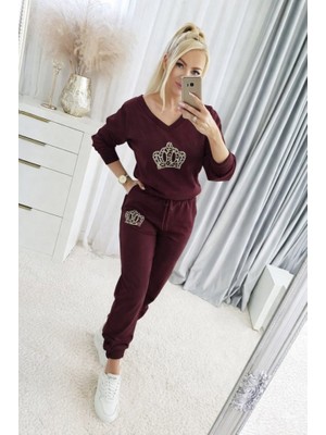 Barış Beauty Kadın Uzun Kollu V Yakalı Desenli Viskon Iki Iplik Bluz ve Pantolon Ikili Takım