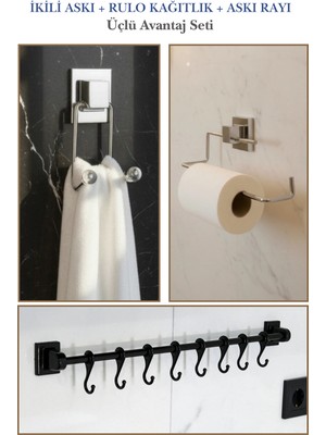 Feyza Design 3'lü Krom Banyo Seti: Raf, Havlu Askısı ve Kağıtlık