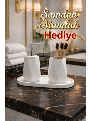 Feyza Design Mermer Desenli Beyaz 3’lü Banyo Seti, Sıvı Sabunluk ve Diş Fırçalık