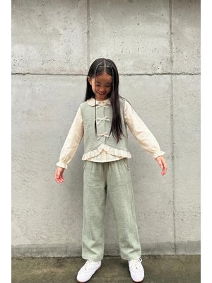 Magu Kız Çocuk Pamuklu Mint Yelekli Gömlek ve Pantolon 3'lü Takım - Dantel Detaylı Şıklık