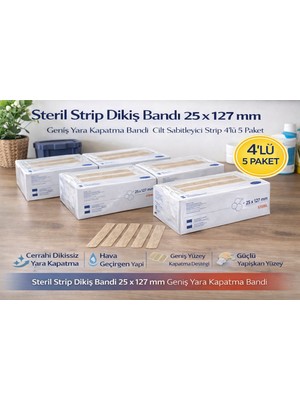 SHC4200 Steril Strip Dikiş Bandı 25 x 127 mm Geniş Yara Kapatma Bandı Cilt Sabitleyici Strip 4’lü 5 Paket