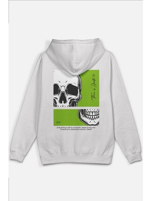 Overoz Skull Kurukafa Sırt Baskılı Kapüşonlu Yarı Oversize Unisex Sweatshirt Beyaz Hoodie 1208