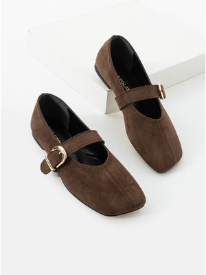 Kadın Kahverengi Süet Kare Burun Tokalı Babet Mary Jane Ayakkabı Velona