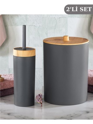 Feyza Design Bambu Desenli Çöp Kovası ve Klozet Wc Fırçası 2'li Set
