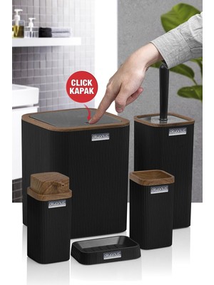 Feyza Design Şık Siyah Ahşap Desenli Çizgili 5'li Banyo Seti
