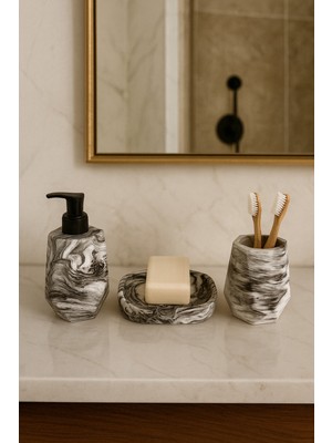 Feyza Design Şık 3 Parça Geometrik Mermer Desenli Banyo Seti