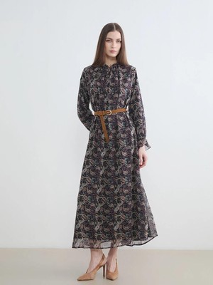 LC Waikiki Siyah Dik Yaka Desenli Kemerli Şifon Elbise  (S6)