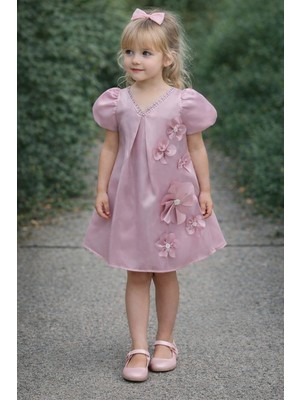 Tarz Çocuk Kız Çocuk Pudra Pembe Çiçek Aplikeli Abiye Elbise 4-5-6-7 Yaş Özel Gün & Doğum Günü Elbisesi